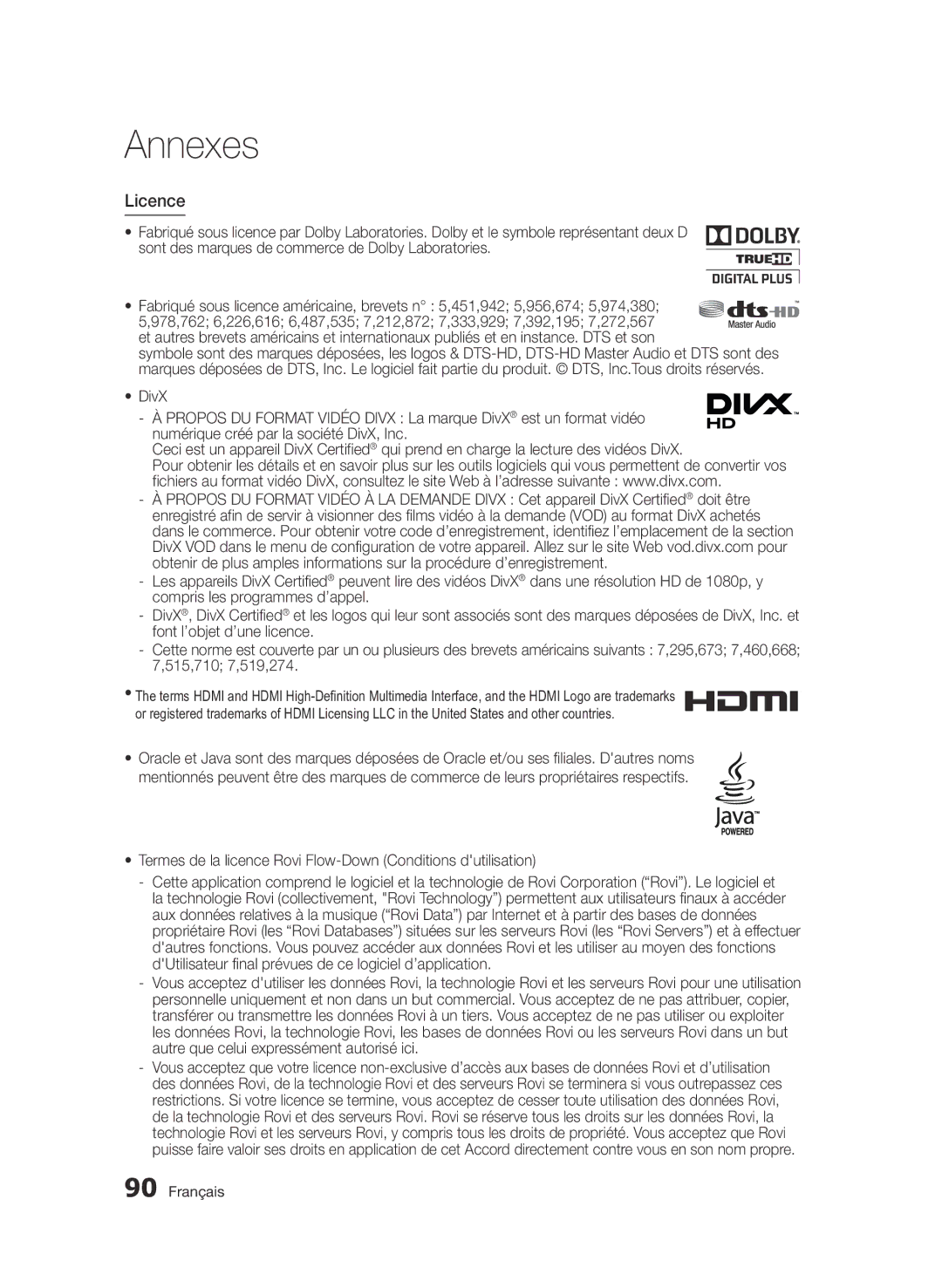 Samsung BD-D8900/ZF manual Licence, Termes de la licence Rovi Flow-Down Conditions dutilisation 