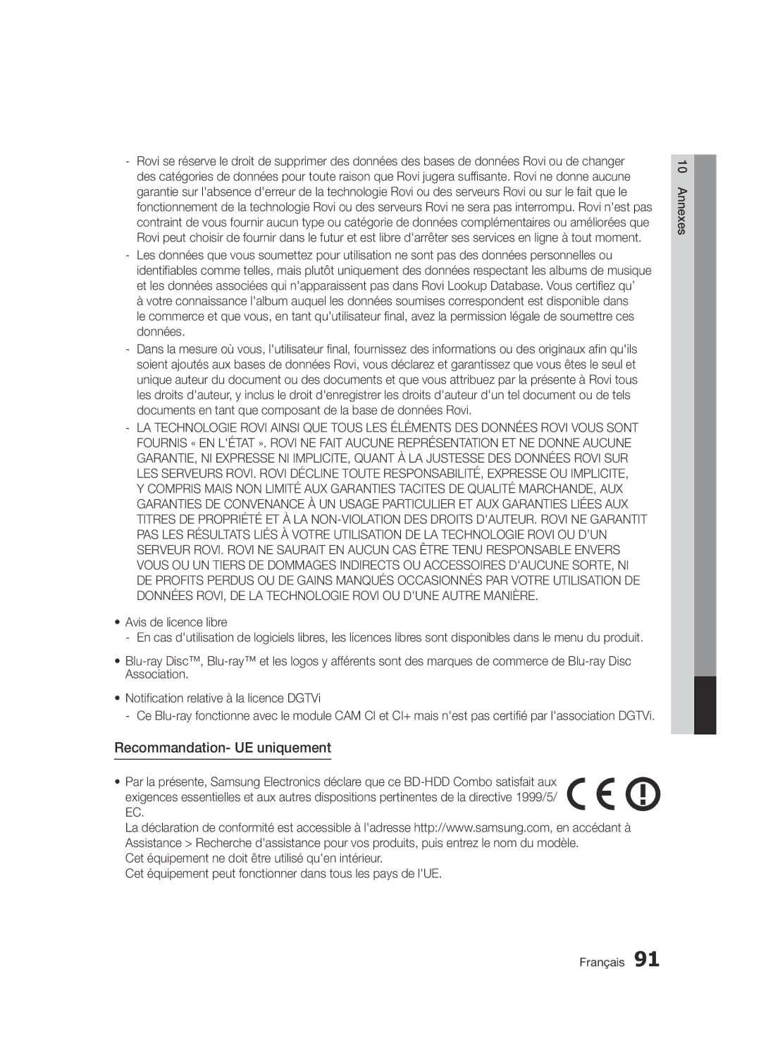 Samsung BD-D8900/ZF manual Recommandation- UE uniquement, Avis de licence libre 