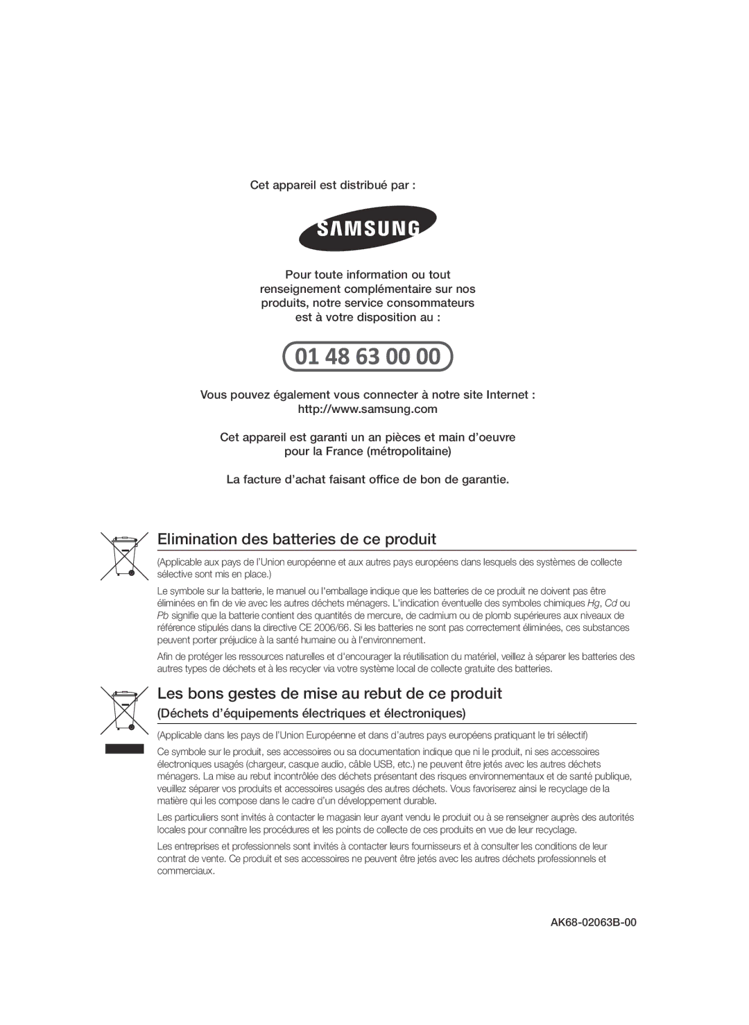 Samsung BD-D8900/ZF manual Elimination des batteries de ce produit 