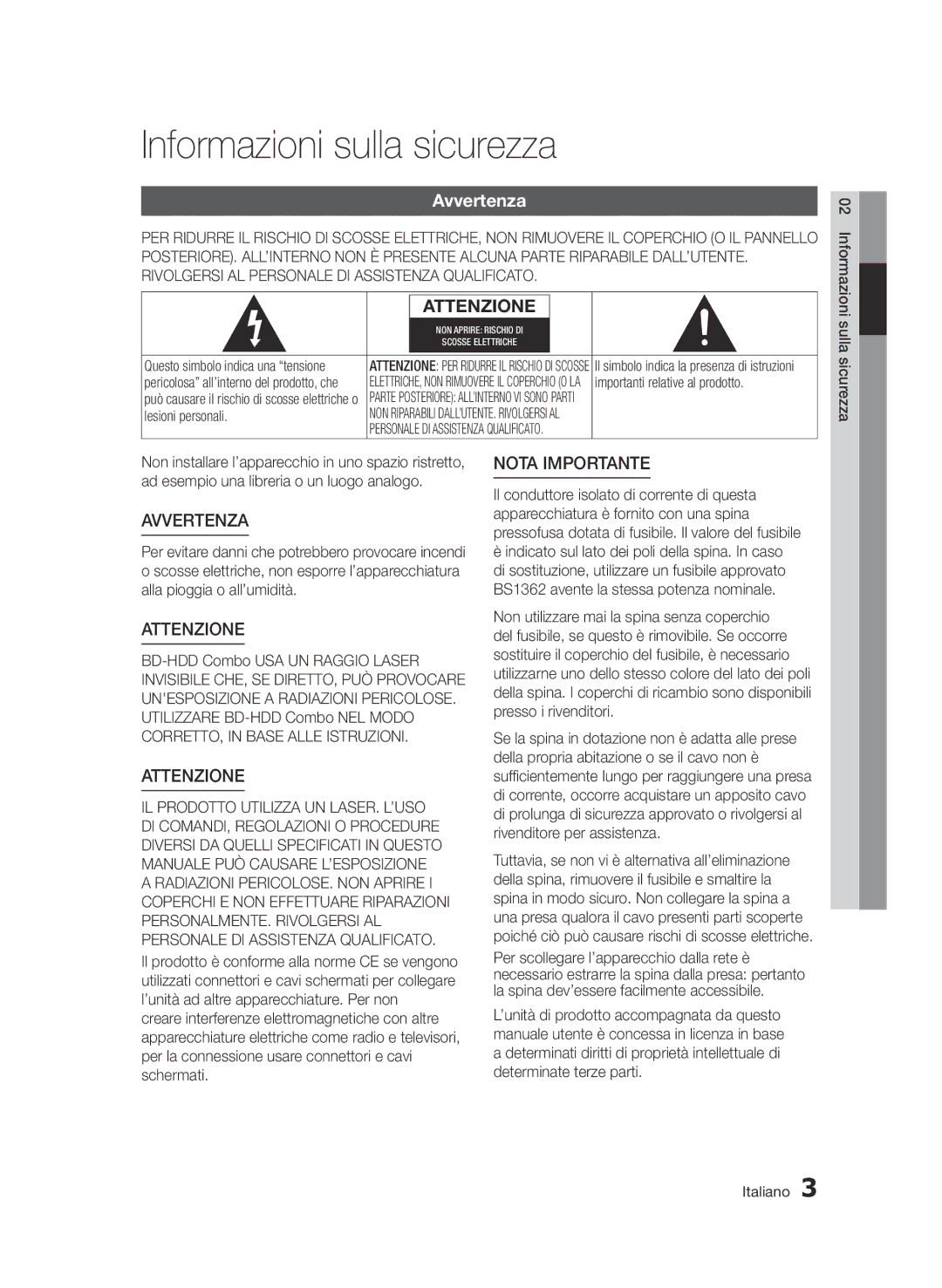 Samsung BD-D8900/ZF manual Informazioni sulla sicurezza, Avvertenza, Importanti relative al prodotto, Lesioni personali 