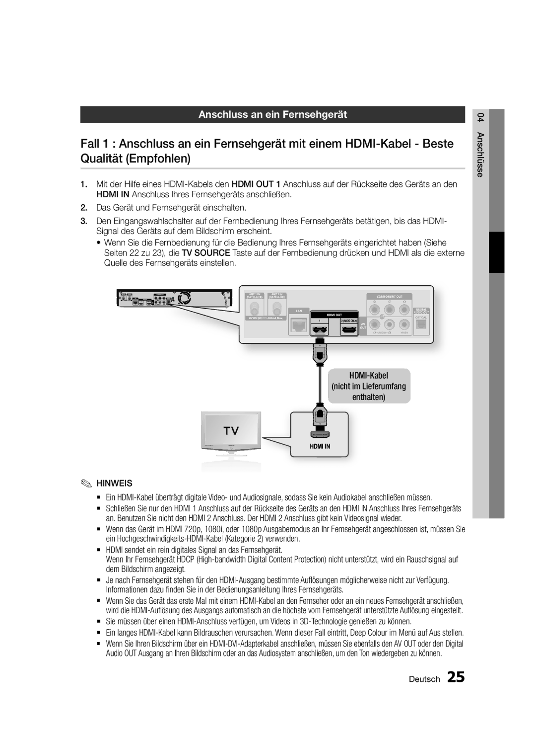 Samsung BD-D8909S/ZG manual Anschluss an ein Fernsehgerät 