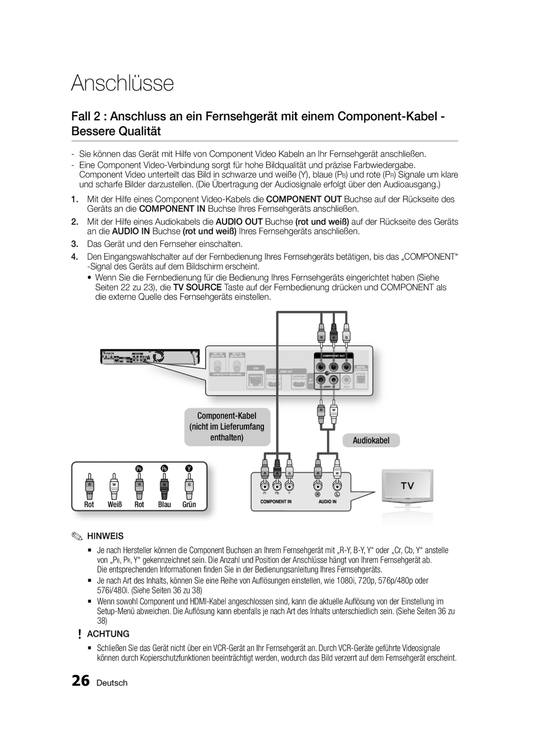 Samsung BD-D8909S/ZG manual Achtung, Rot Weiß Lau Grün 