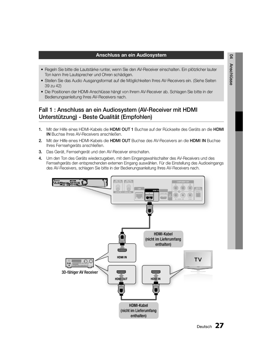 Samsung BD-D8909S/ZG manual Anschluss an ein Audiosystem 