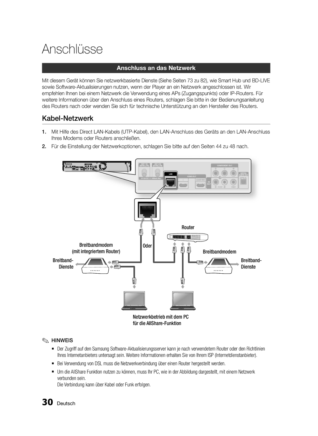 Samsung BD-D8909S/ZG manual Kabel-Netzwerk, Anschluss an das Netzwerk, Dienste 