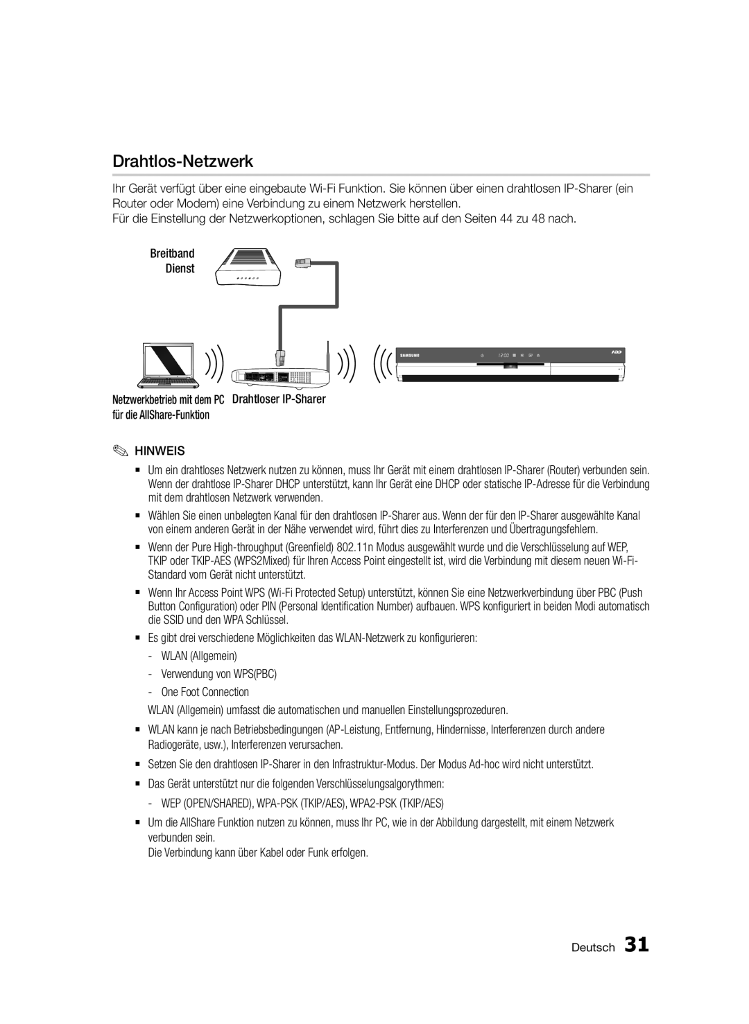 Samsung BD-D8909S/ZG manual Drahtlos-Netzwerk, WEP OPEN/SHARED, WPA-PSK TKIP/AES, WPA2-PSK TKIP/AES 