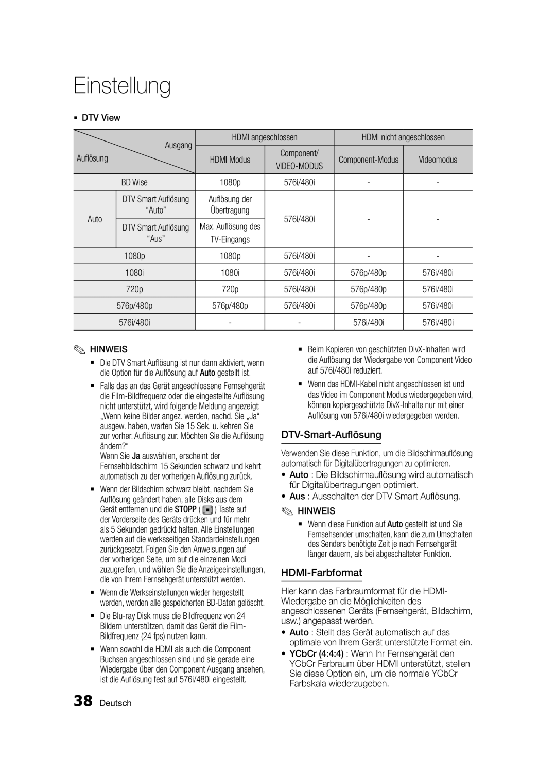 Samsung BD-D8909S/ZG manual DTV-Smart-Auflösung, HDMI-Farbformat 