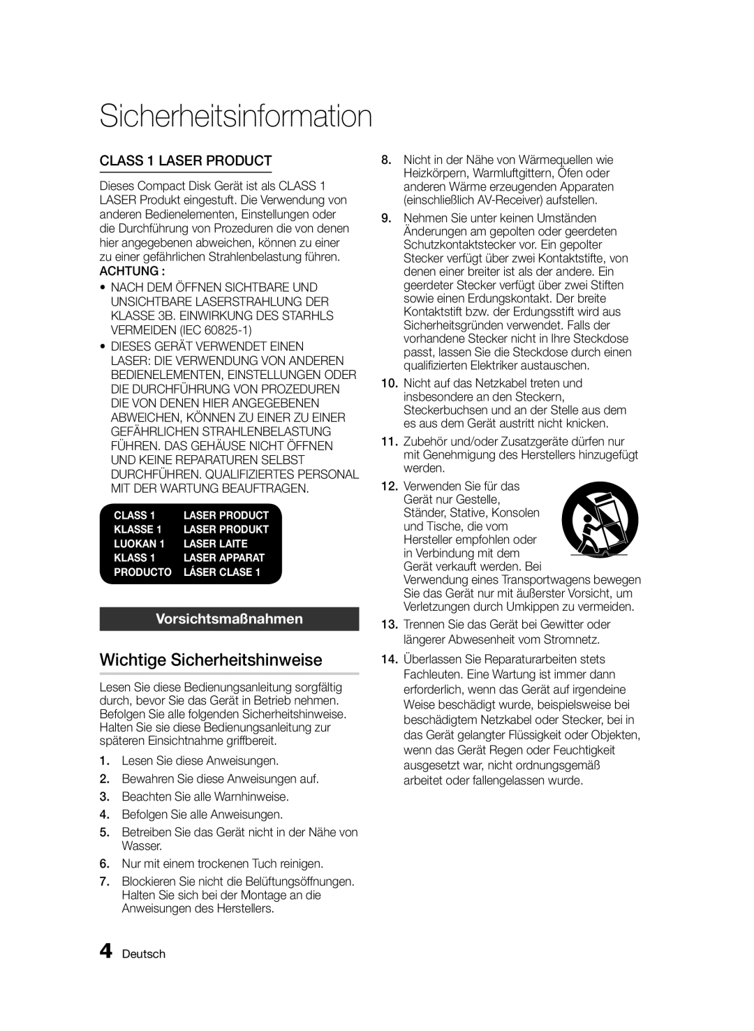 Samsung BD-D8909S/ZG manual Wichtige Sicherheitshinweise, Vorsichtsmaßnahmen, Und Tische, die vom Hersteller empfohlen oder 