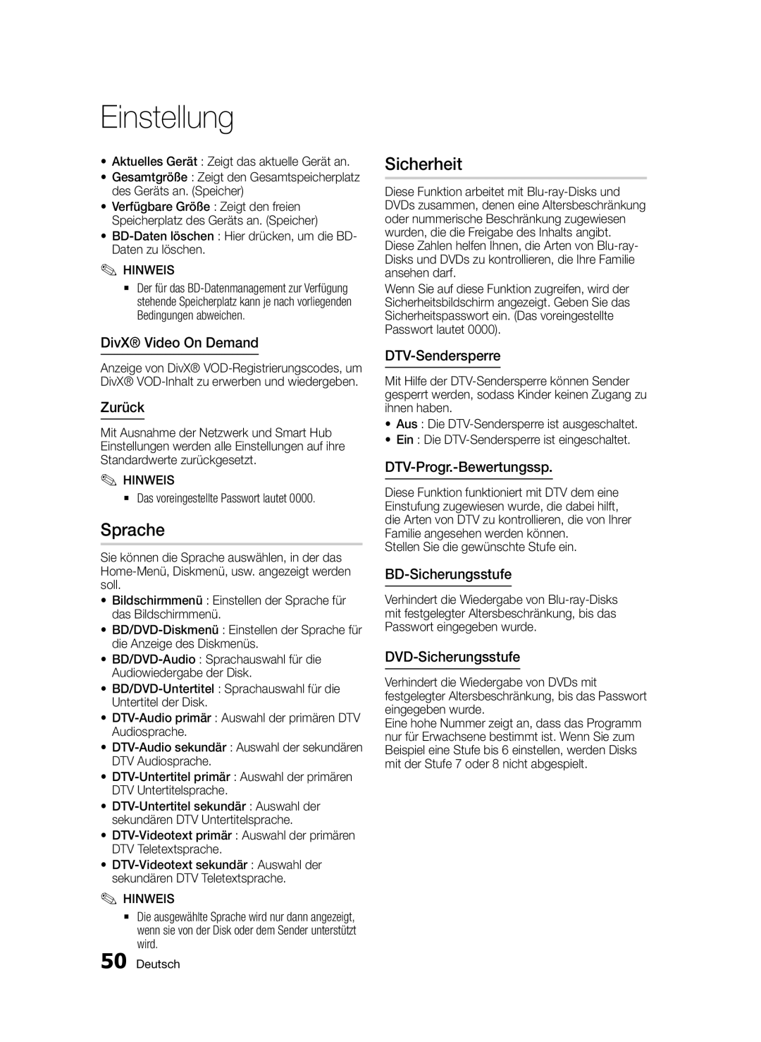 Samsung BD-D8909S/ZG manual Sprache, Sicherheit 