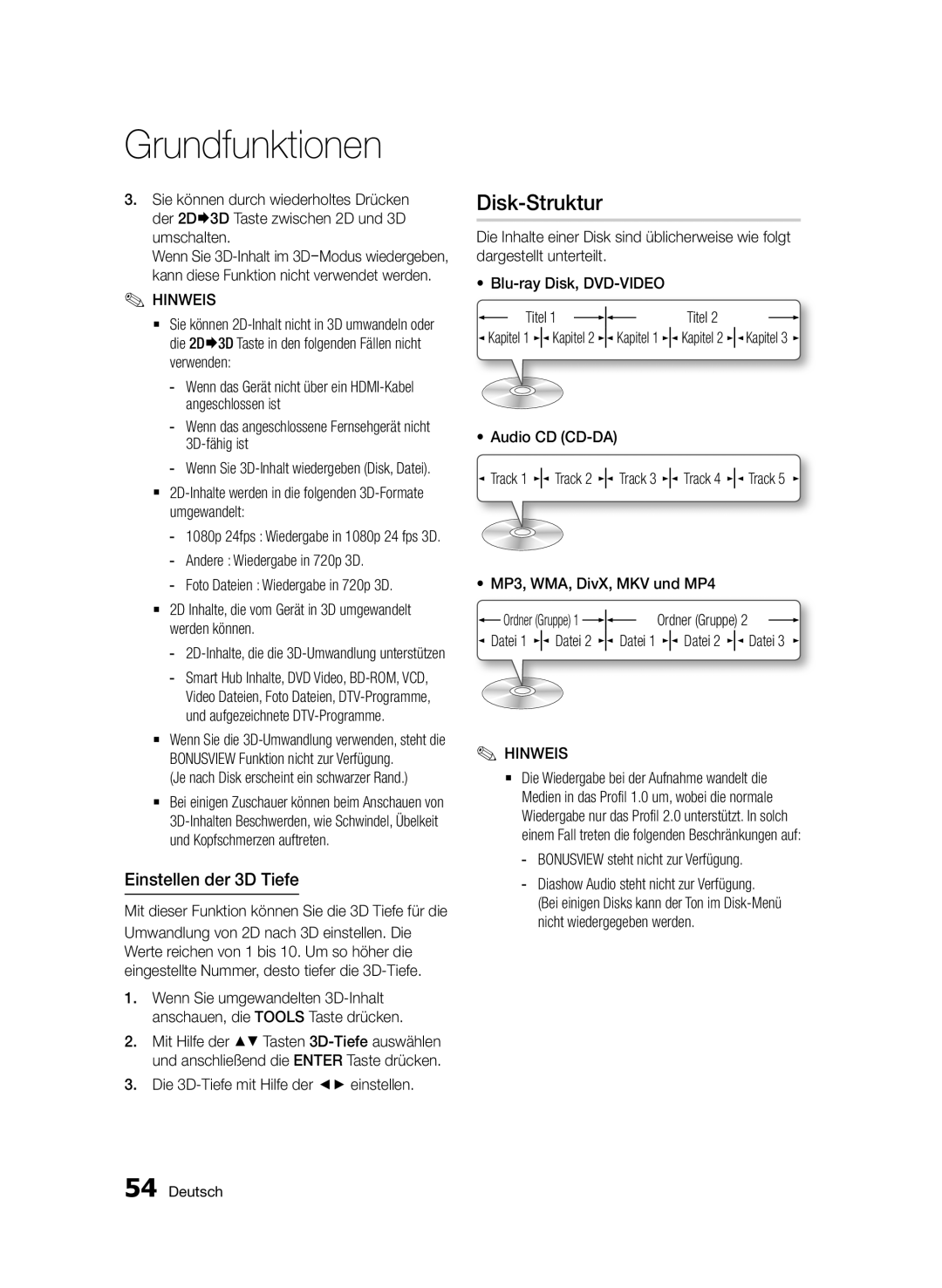 Samsung BD-D8909S/ZG manual Disk-Struktur, Einstellen der 3D Tiefe 