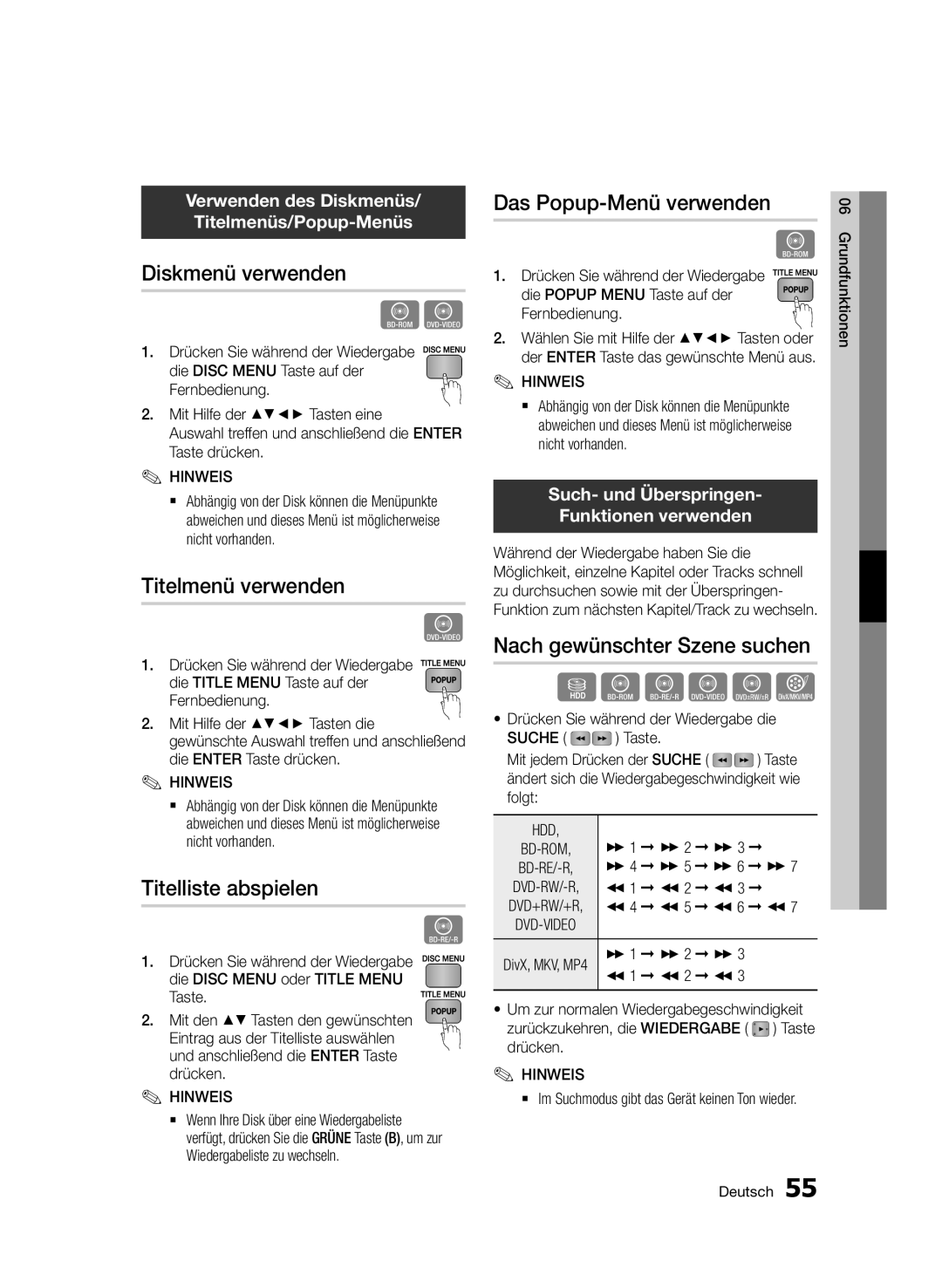 Samsung BD-D8909S/ZG manual Diskmenü verwenden, Titelmenü verwenden, Titelliste abspielen, Das Popup-Menü verwenden 