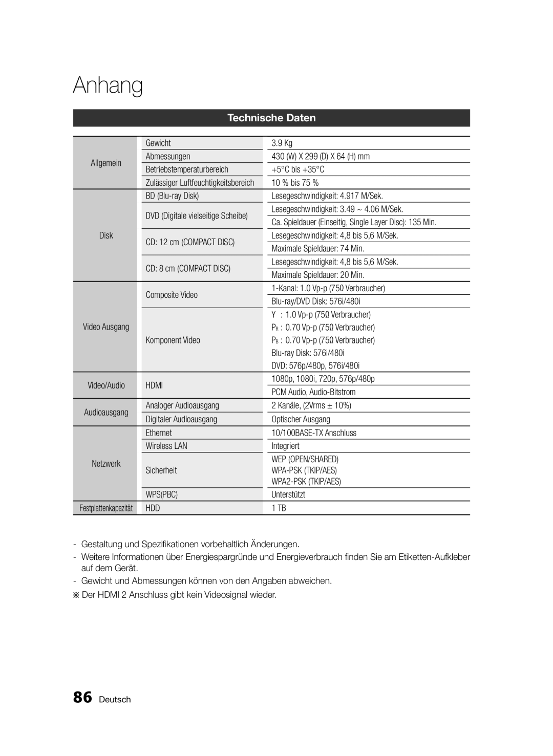 Samsung BD-D8909S/ZG manual Technische Daten 