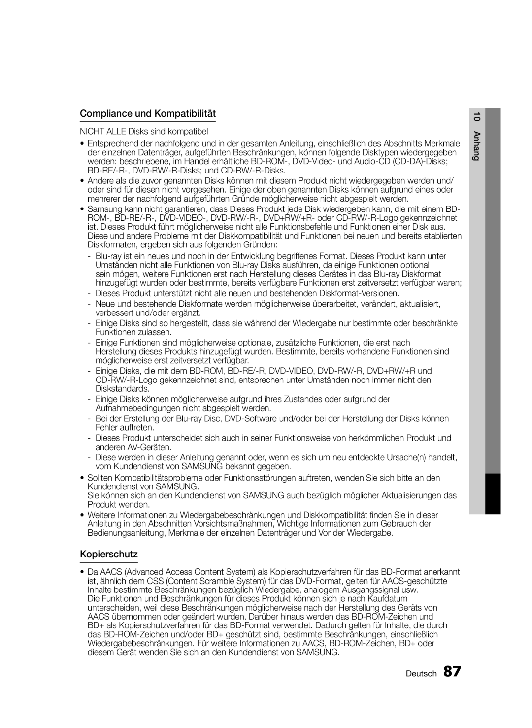 Samsung BD-D8909S/ZG manual Compliance und Kompatibilität, Kopierschutz, Nicht Alle Disks sind kompatibel 