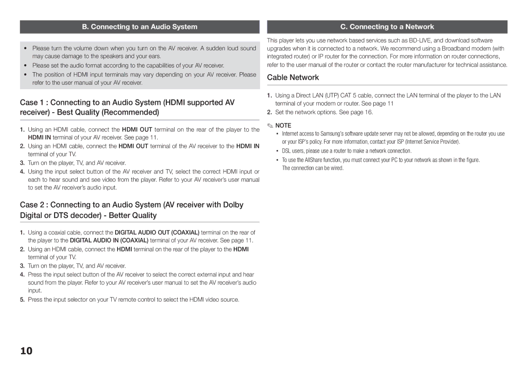 Samsung BD-E5300, BD-E5200 user manual Cable Network, Connecting to an Audio System, Connecting to a Network 