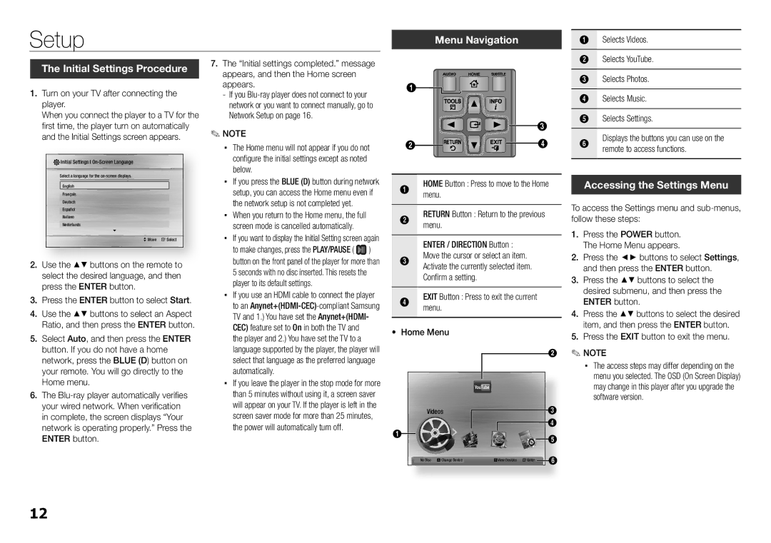 Samsung BD-E5300, BD-E5200 user manual Setup, Initial Settings Procedure, Accessing the Settings Menu 