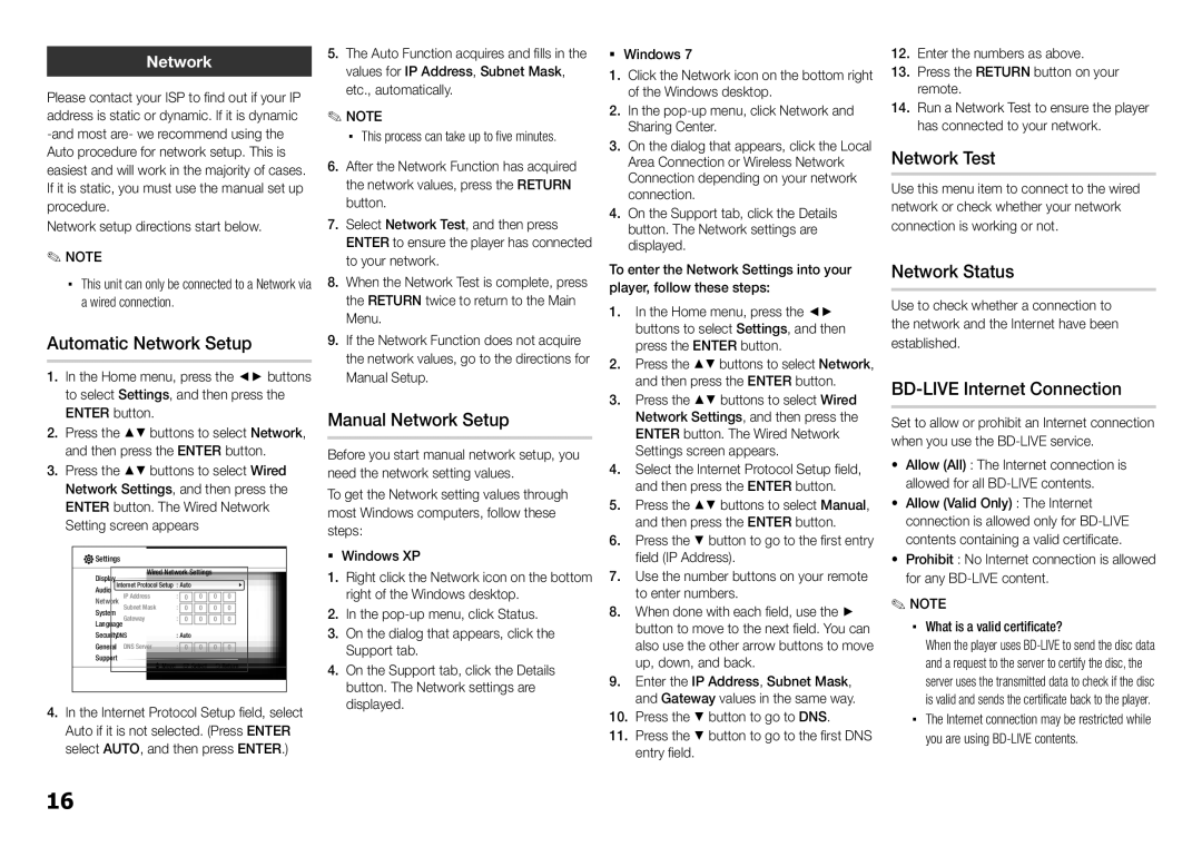 Samsung BD-E5300 Automatic Network Setup, Manual Network Setup, Network Test, Network Status, BD-LIVE Internet Connection 