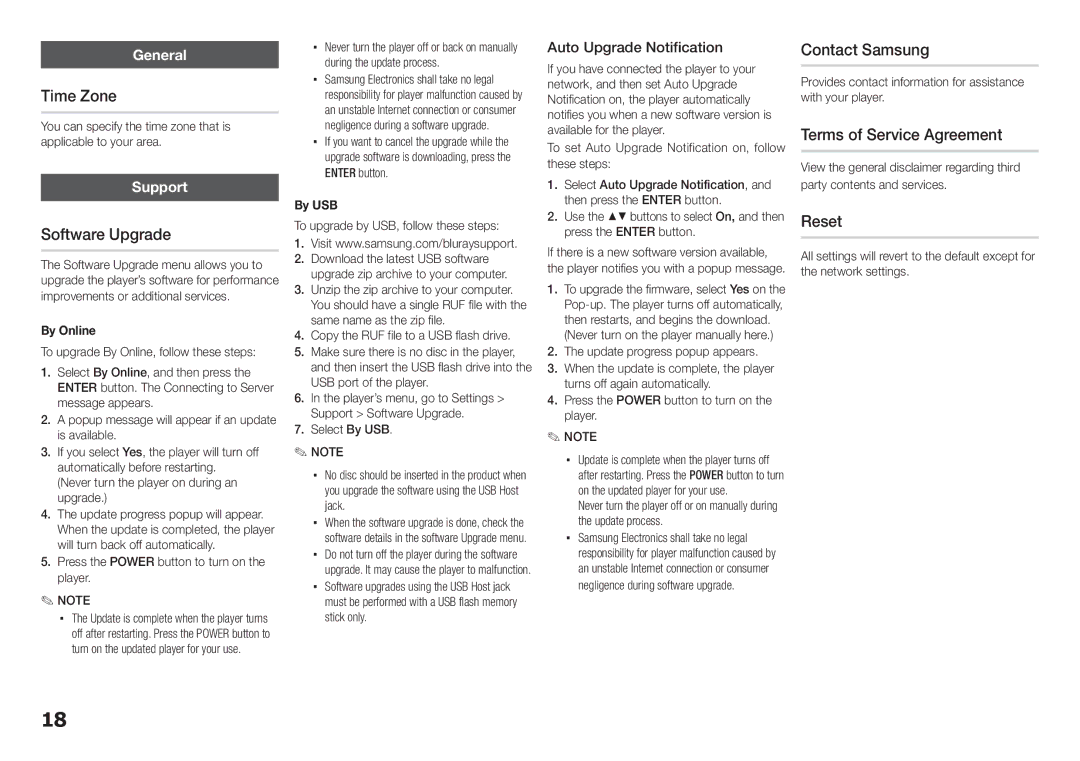 Samsung BD-E5300, BD-E5200 user manual Time Zone, Software Upgrade, Contact Samsung, Terms of Service Agreement, Reset 