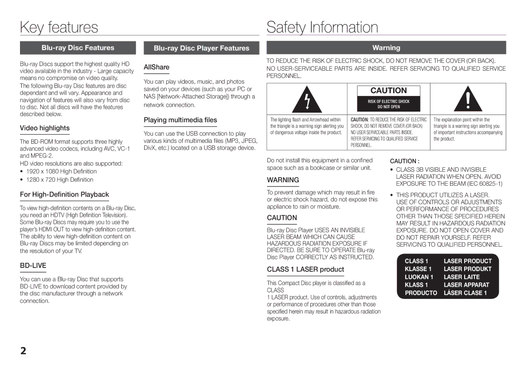 Samsung BD-E5300, BD-E5200 user manual Key features, Safety Information, Blu-ray Disc Features, Bd-Live 