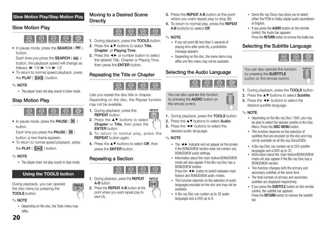 Samsung BD-E5300 Slow Motion Play, Step Motion Play, Moving to a Desired Scene Directly, Repeating the Title or Chapter 