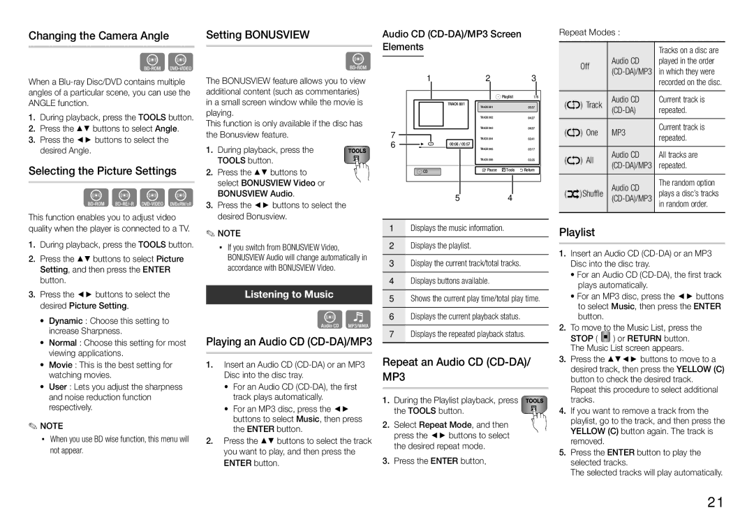 Samsung BD-E5200, BD-E5300 Changing the Camera Angle, Selecting the Picture Settings, Setting Bonusview, Playlist 