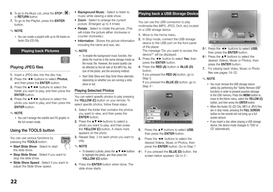 Samsung BD-E5300 Playing Jpeg files, Using the Tools button, Playing back Pictures, Playing back a USB Storage Device 