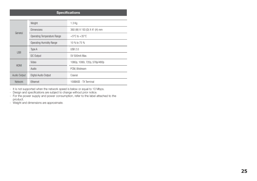 Samsung BD-E5200, BD-E5300 user manual Specifications 