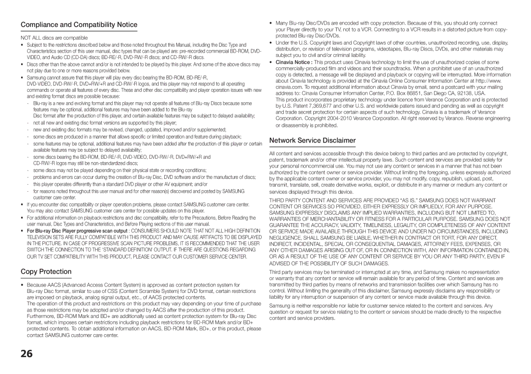 Samsung BD-E5300, BD-E5200 user manual Compliance and Compatibility Notice, Copy Protection, Network Service Disclaimer 