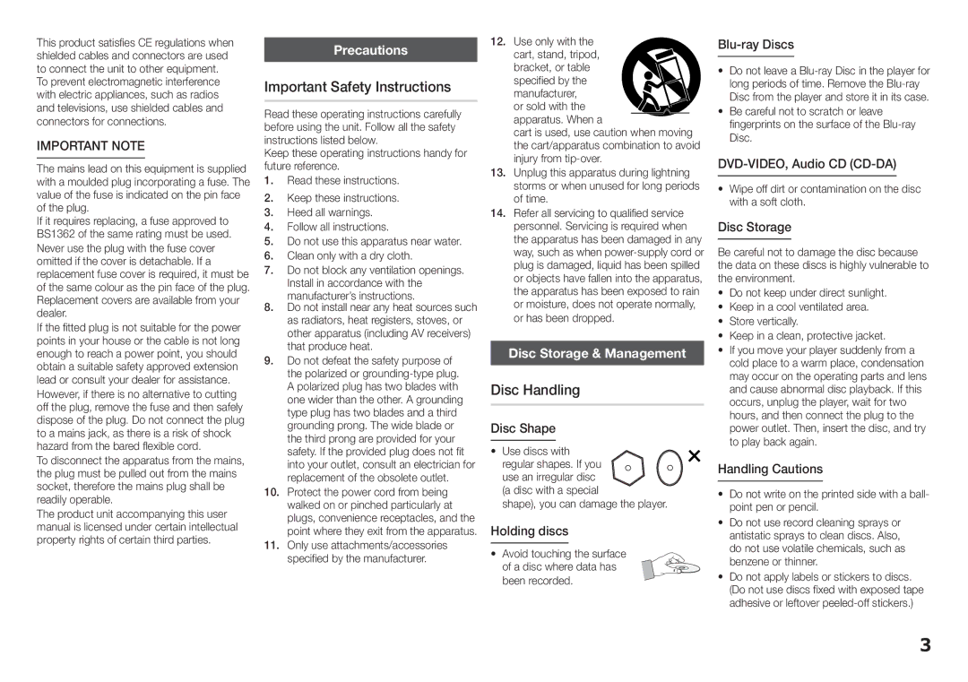 Samsung BD-E5200 Important Safety Instructions, Disc Handling, Important Note, Precautions, Disc Storage & Management 