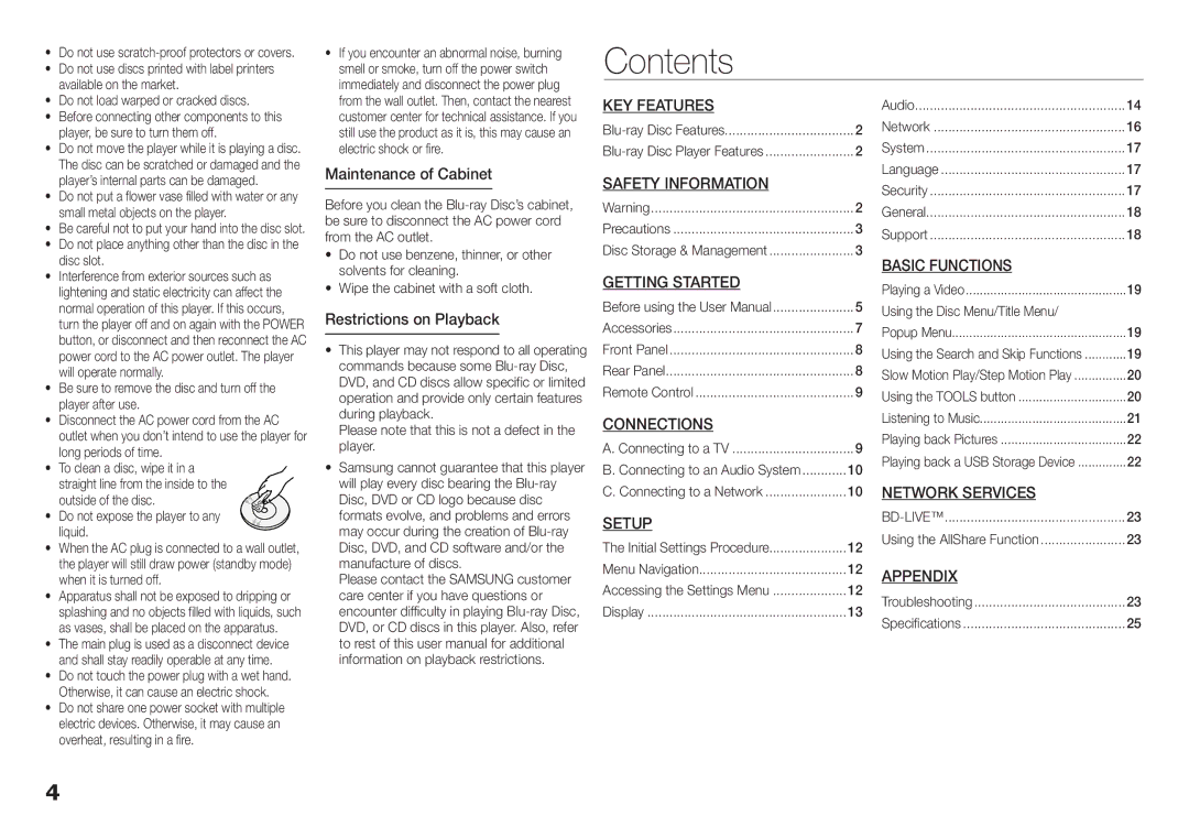 Samsung BD-E5300, BD-E5200 user manual Contents 