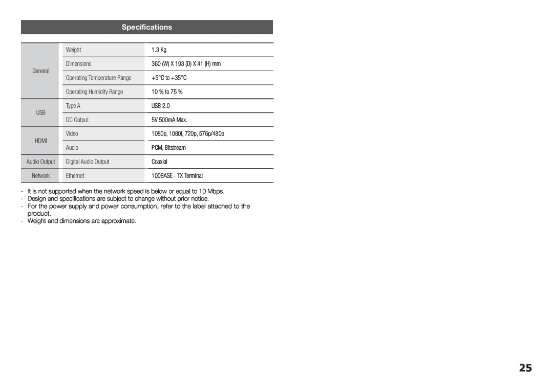 Samsung BD-E5200, BD-E5300 user manual Specifications, Operating Temperature Range 