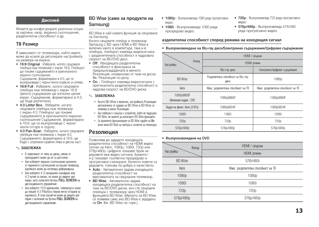 Samsung BD-E5300/EN manual ТВ Размер, BD Wise само за продукти на Samsung, Дисплей, Изход 