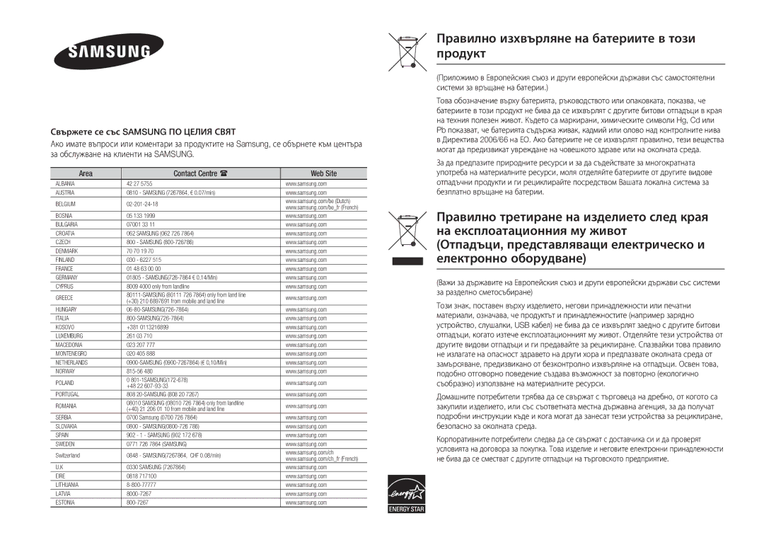 Samsung BD-E5300/EN manual Правилно изхвърляне на батериите в този продукт 