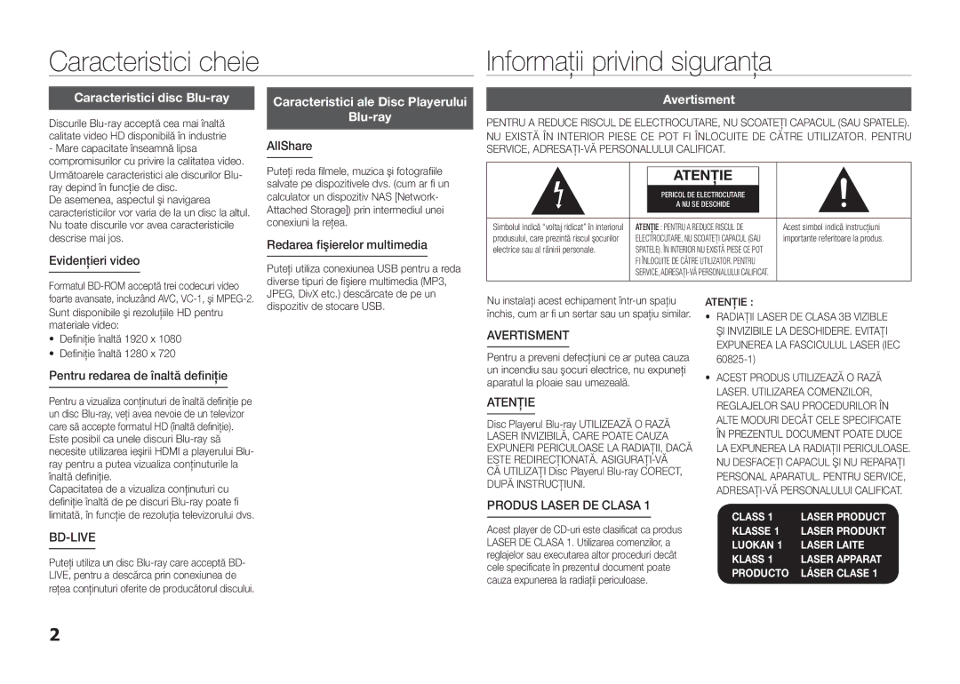 Samsung BD-E5300/EN manual Caracteristici cheie Informaţii privind siguranţa, Caracteristici disc Blu-ray, Avertisment 