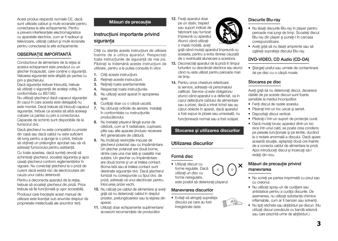 Samsung BD-E5300/EN manual Instrucţiuni importante privind siguranţa, Utilizarea discurilor, Măsuri de precauţie 