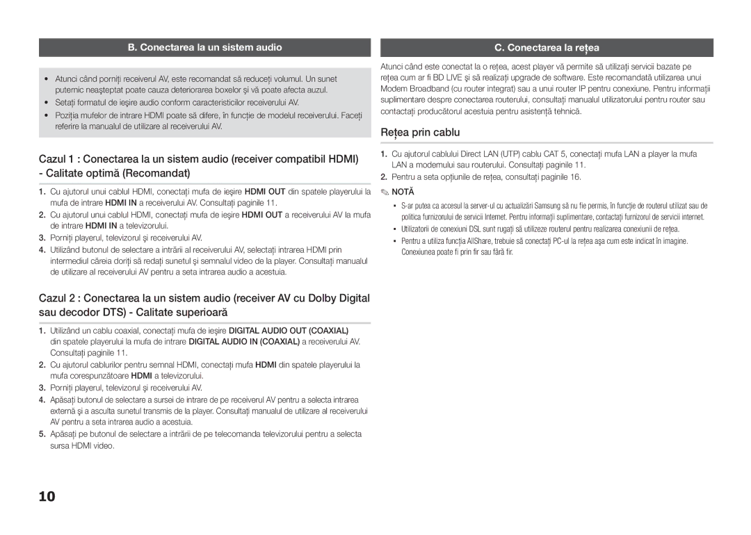 Samsung BD-E5300/EN manual Reţea prin cablu, Conectarea la un sistem audio, Conectarea la reţea 