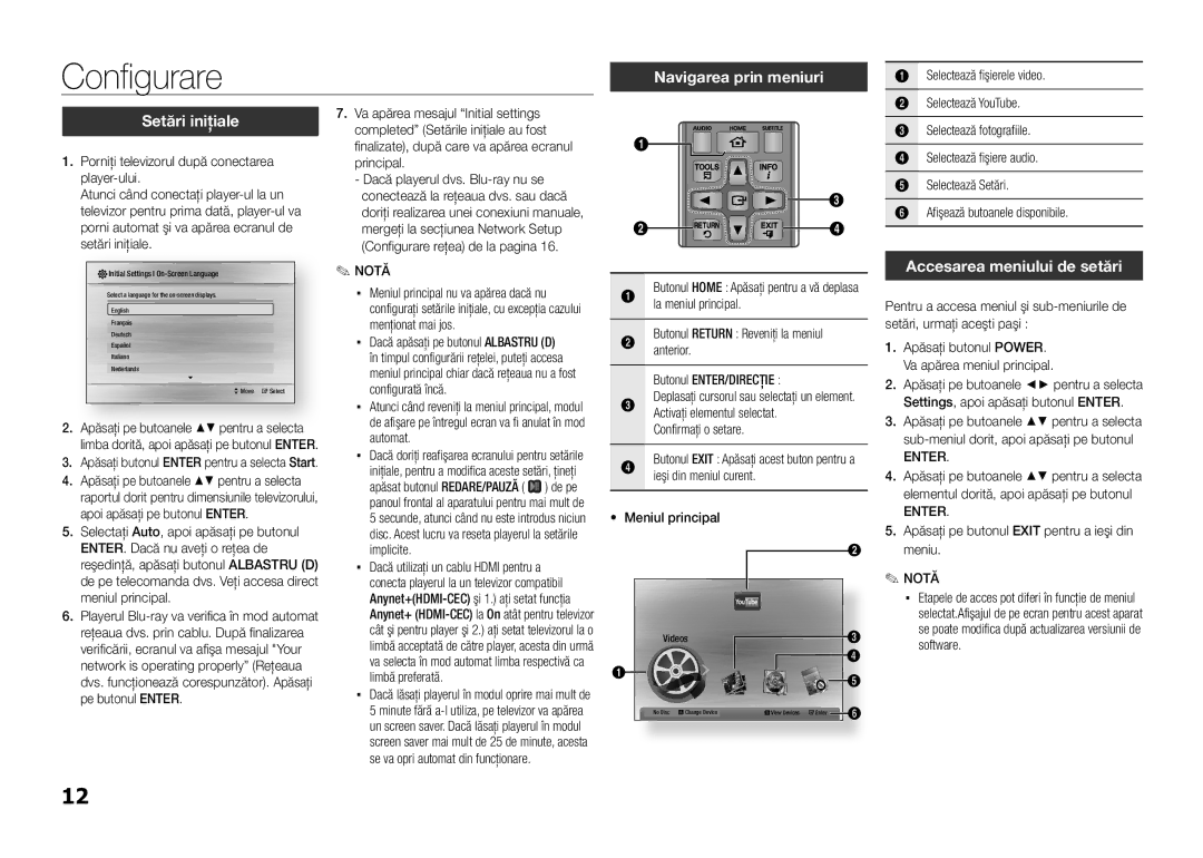 Samsung BD-E5300/EN manual Configurare, Navigarea prin meniuri, Setări iniţiale, Accesarea meniului de setări, Enter 