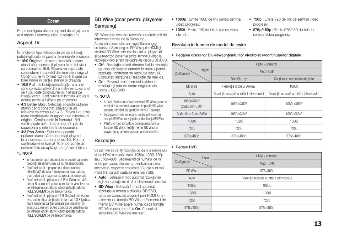 Samsung BD-E5300/EN manual BD Wise doar pentru playerele Samsung, Aspect TV, Rezoluţie, Ecran 