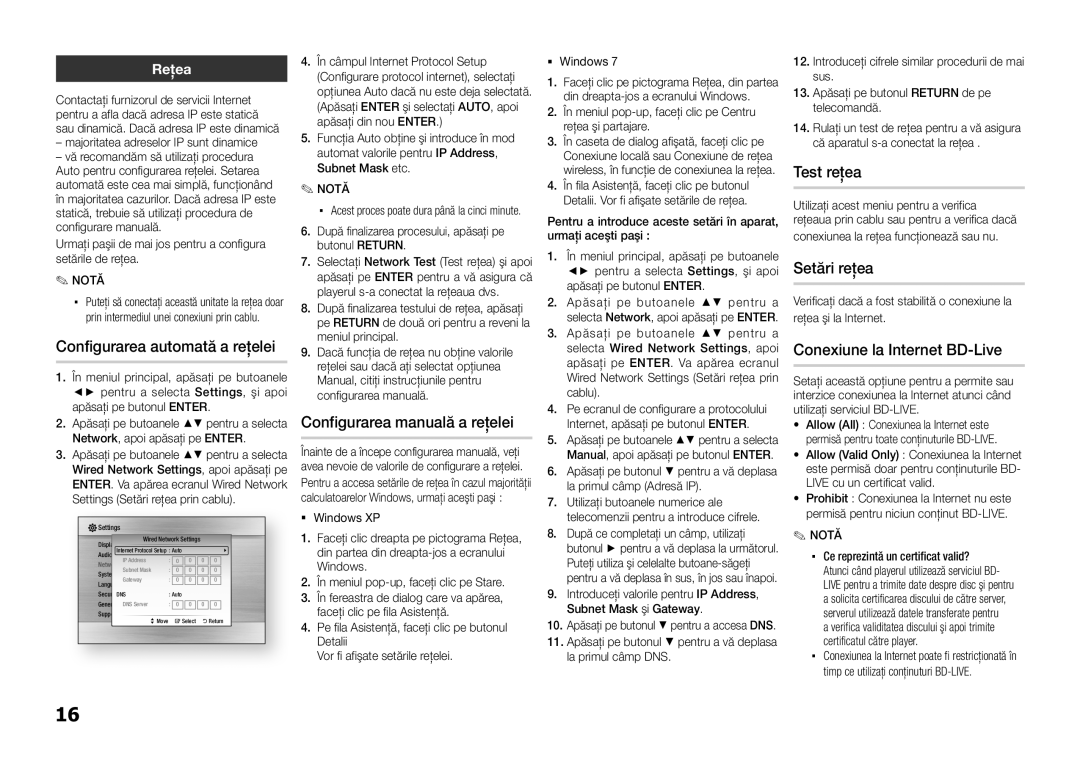 Samsung BD-E5300/EN Configurarea automată a reţelei, Configurarea manuală a reţelei, Test reţea, Setări reţea 