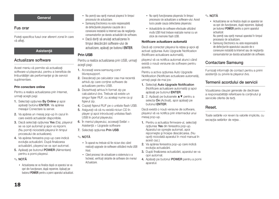 Samsung BD-E5300/EN manual Fus orar, Actualizare software, Contactare Samsung, Termenii acordului de servicii, Reset 