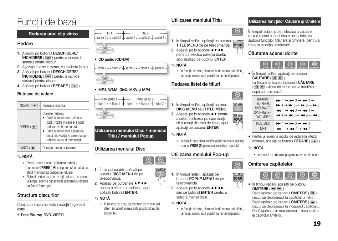 Samsung BD-E5300/EN manual Funcţii de bază 