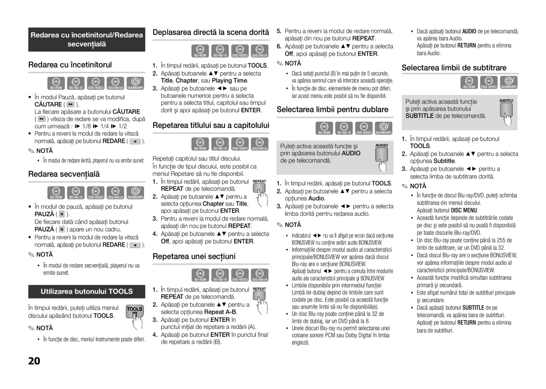 Samsung BD-E5300/EN manual Redarea cu încetinitorul, Redarea secvenţială, Repetarea titlului sau a capitolului 