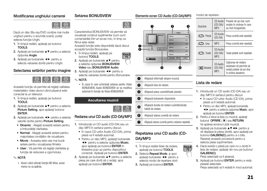 Samsung BD-E5300/EN Modificarea unghiului camerei, Setarea Bonusview, Repetarea unui CD audio CD- DA/MP3, Lista de redare 