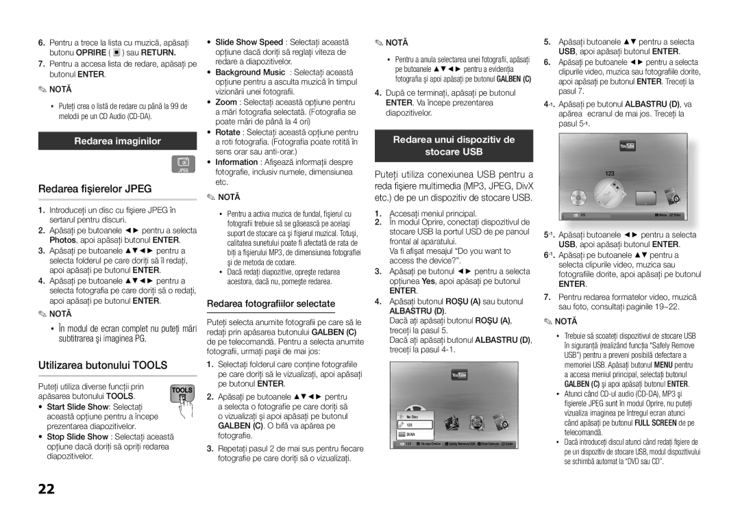 Samsung BD-E5300/EN manual Redarea fişierelor Jpeg, Utilizarea butonului Tools, Redarea imaginilor 