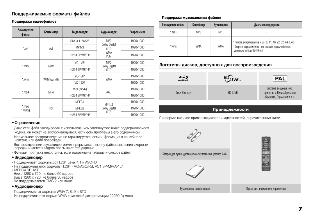 Samsung BD-E5300K/RU manual Поддерживаемые форматы файлов, Ограничения, Видеодекодер, Аудиодекодер 