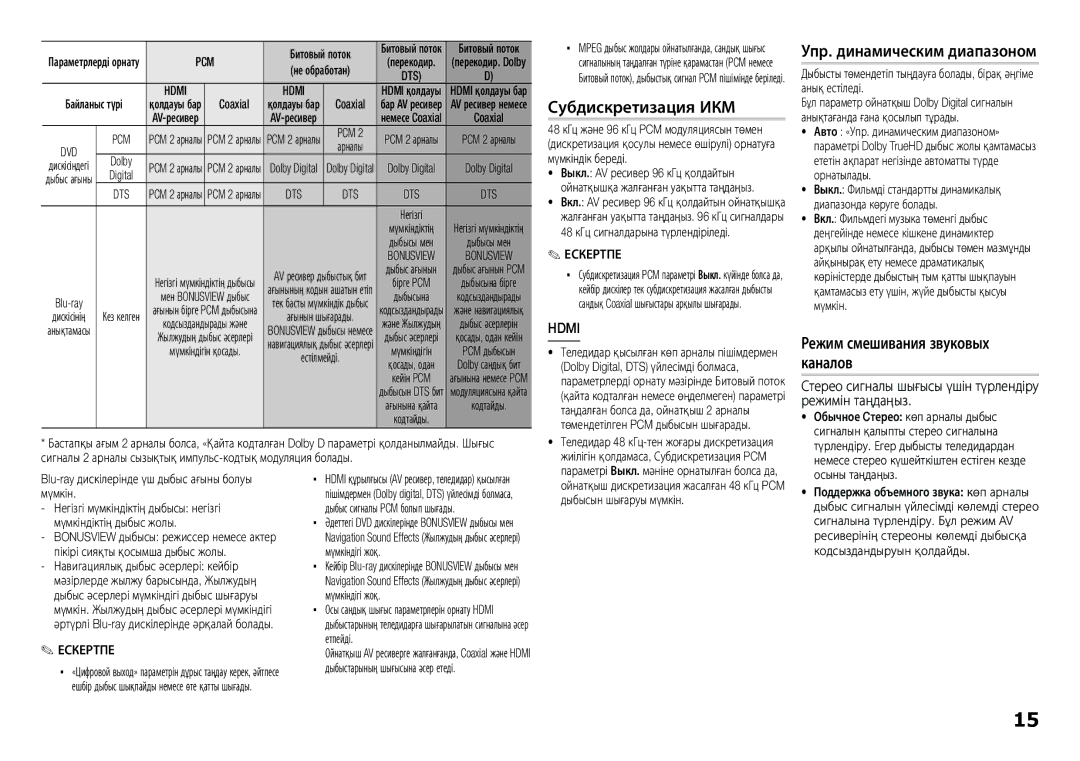 Samsung BD-E5300K/RU manual Стерео сигналы шығысы үшін түрлендіру режимін таңдаңыз 