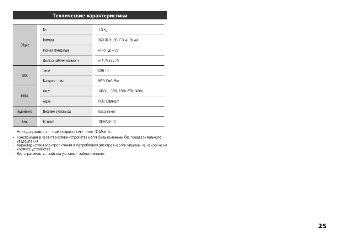 Samsung BD-E5300/RU manual Технические характеристики, 100BASE-TX 