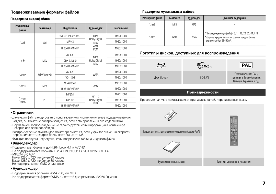 Samsung BD-E5300/RU manual Поддерживаемые форматы файлов, Ограничения, Видеодекодер, Аудиодекодер 