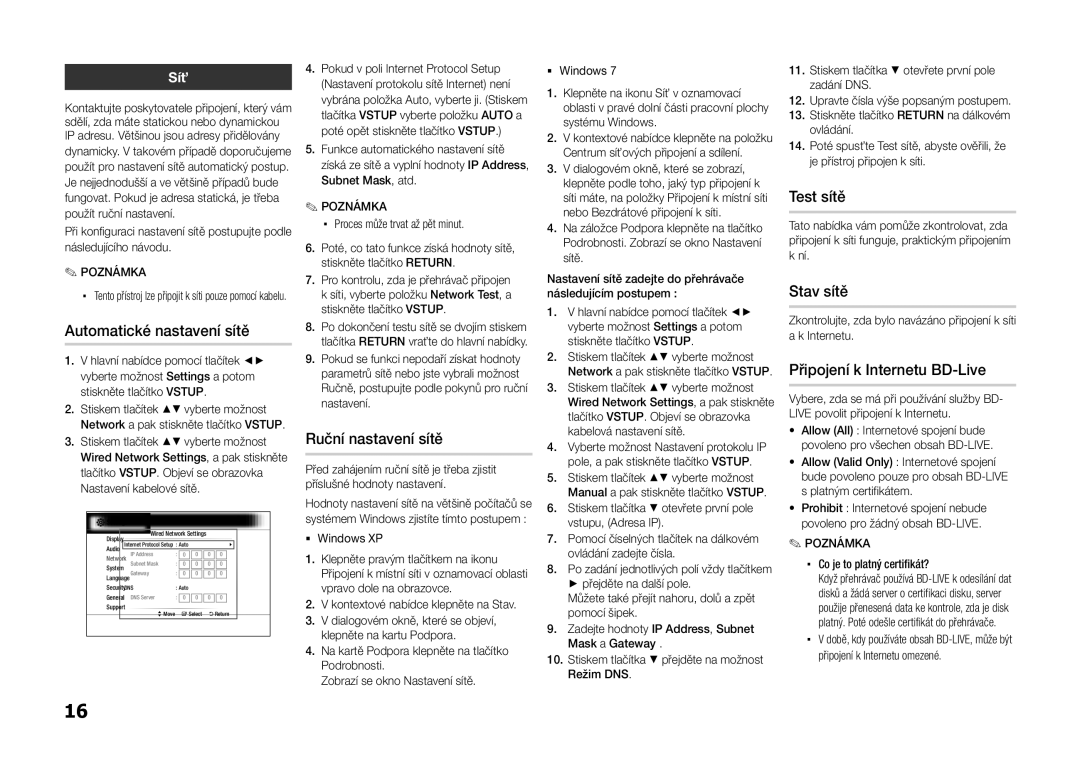 Samsung BD-E5300/XN Automatické nastavení sítě, Ruční nastavení sítě, Test sítě, Stav sítě, Připojení k Internetu BD-Live 