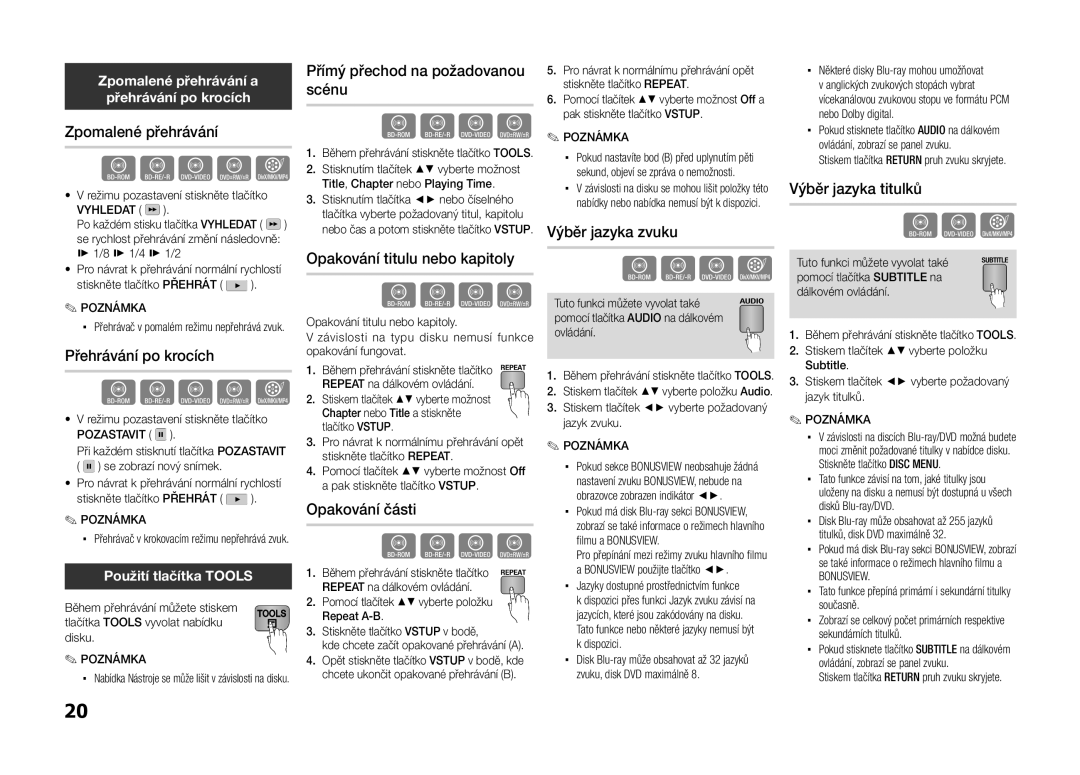 Samsung BD-E5300/TK manual Zpomalené přehrávání, Přehrávání po krocích, Přímý přechod na požadovanou scénu, Opakování části 