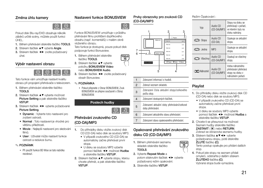 Samsung BD-E5300/XN, BD-E5300/TK manual Změna úhlu kamery, Výběr nastavení obrazu, Nastavení funkce Bonusview, Playlist 