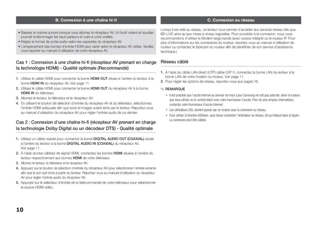 Samsung BD-E5300/TK, BD-E5300/XN, BD-E5300/EN, BD-E5300/ZF, BD-E5300/XE manual Réseau câblé, Connexion à une chaîne hi-fi 